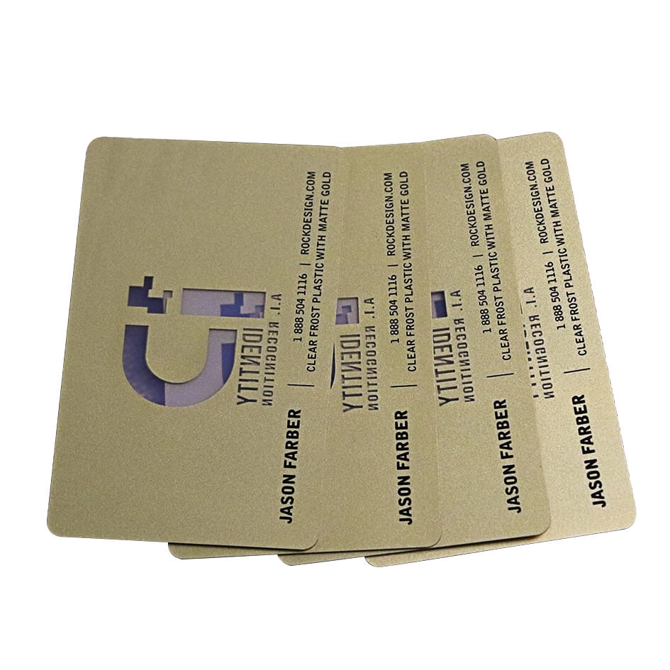 Transparente Visitenkarten aus CR80-Mattgoldpulver-PVC