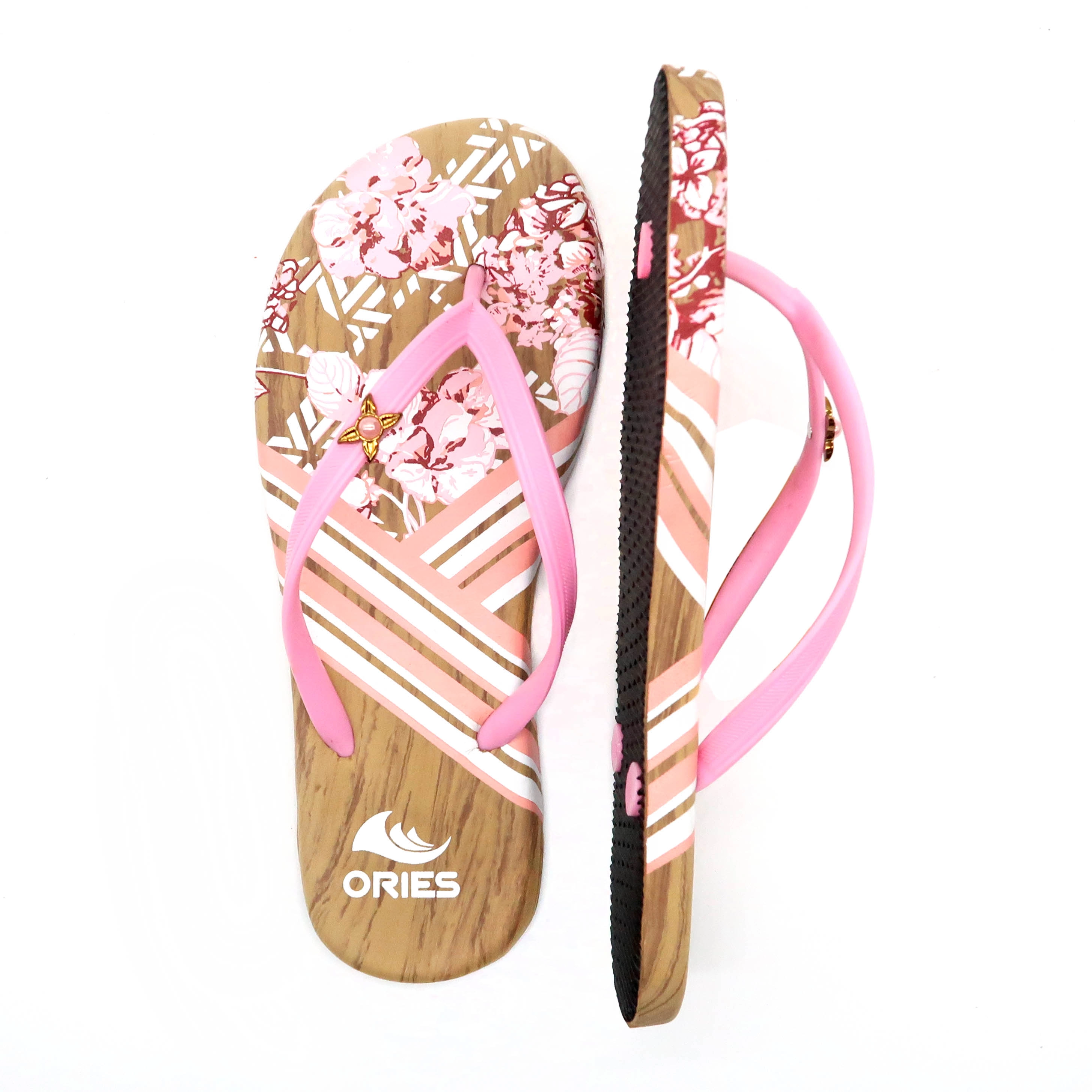 Stilvolle Flip-Flop-Hausschuhe mit Blumen- und Holzdesign, EVA-Sohle