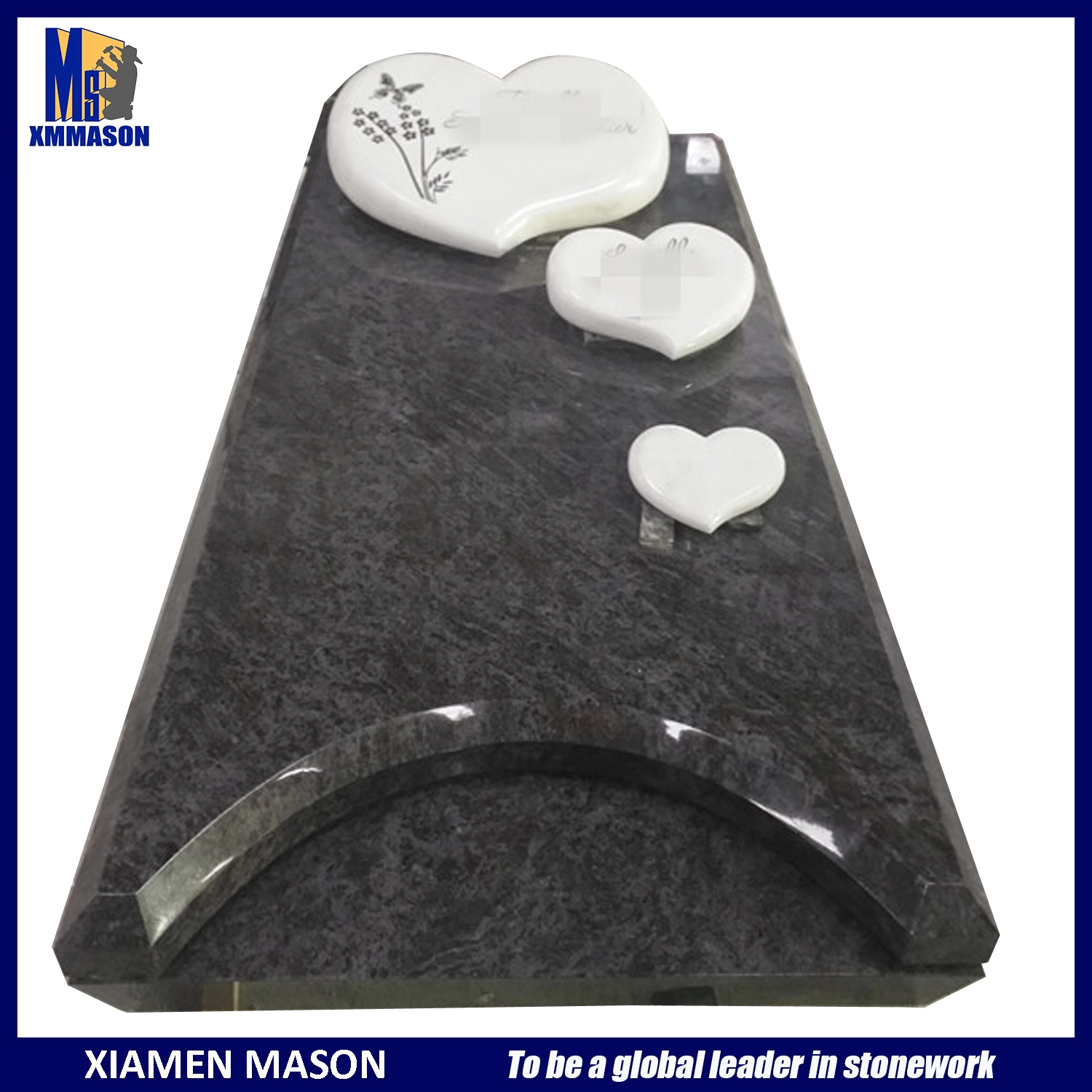 Mason Customized Grabstein mit geschnitztem Herz aus weißem Marmor und Mass Blue