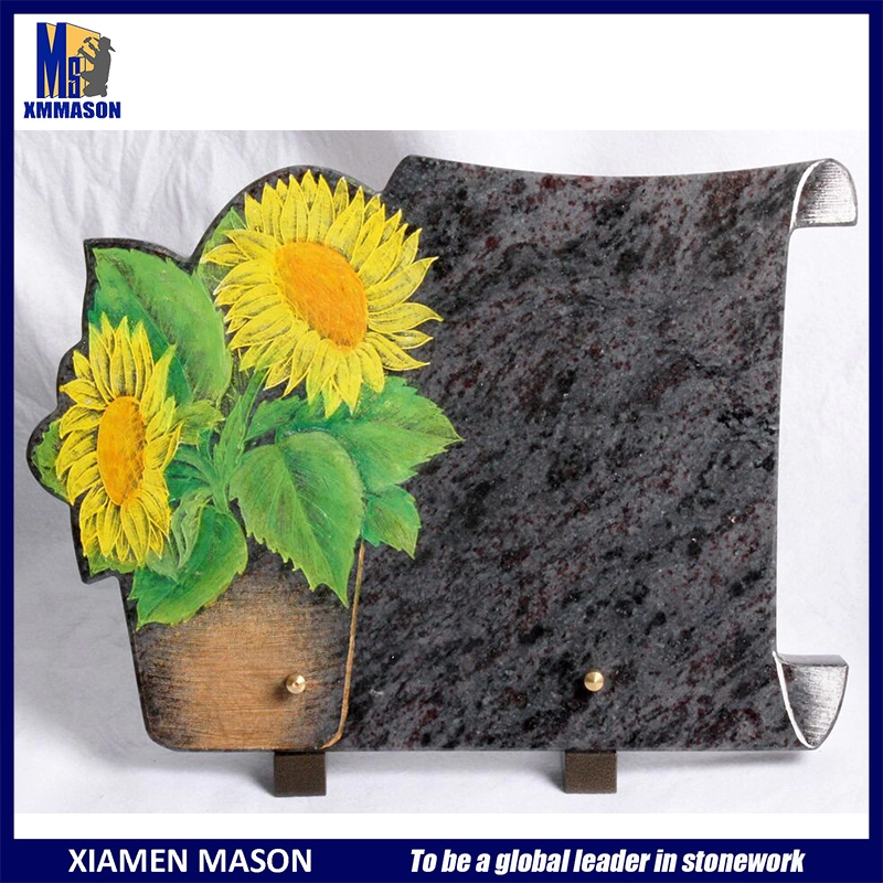 Granit-Gedenktafel mit Sonnenblumen-Liniengravur