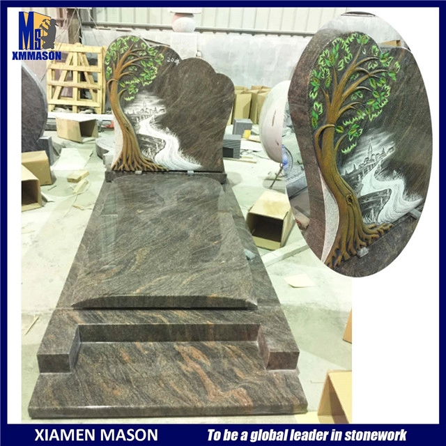 Französischer Granit Himalaya SRE Grabsteine mit geschnitzten Baum- und Liniengravuren
