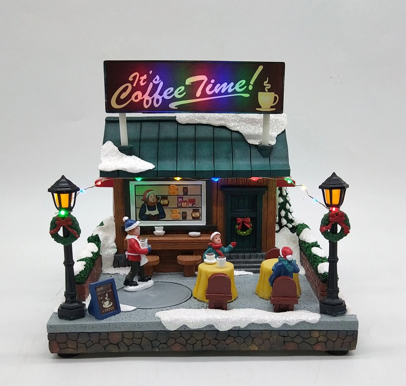 Beleuchtetes animiertes Weihnachts-Happy-Coffee-Shop im Freien
