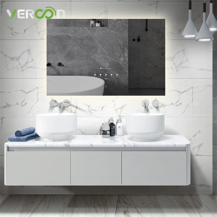 Touchscreen Smart Badezimmerspiegel mit Hintergrundbeleuchtung Smart Wandhalterung LED-Licht Aluminiumrahmen Make-up