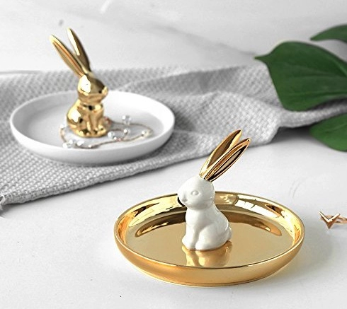 Keramischer goldener Kaninchen-Ring-Schalenhalter für Schmuck-Ohrringe-Halsketten-Ablage