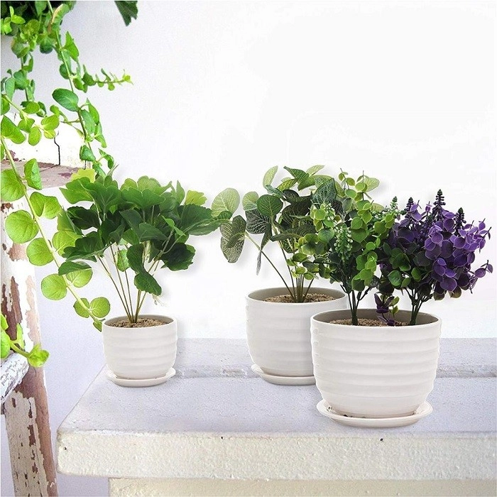 Runde glasierte weiße Keramik-Gartenblumentöpfe für den Innenbereich mit Untersetzern, 3er-Set