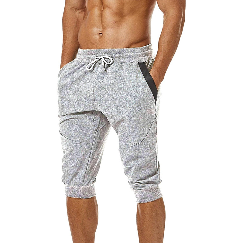 Herren 3/4 Jogger Hose Slim Fit Training Workout Gym Shorts mit Reißverschlusstasche