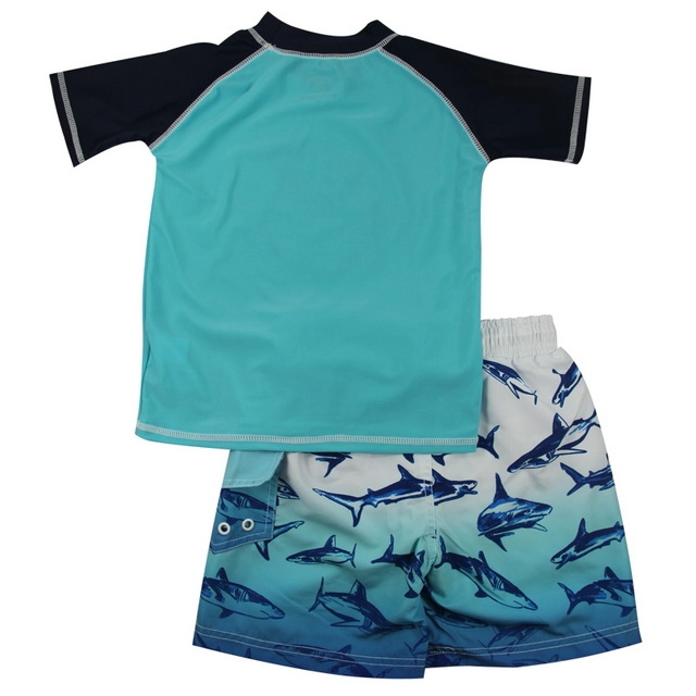 Blue & Black Shark Rash Guard & Badehose