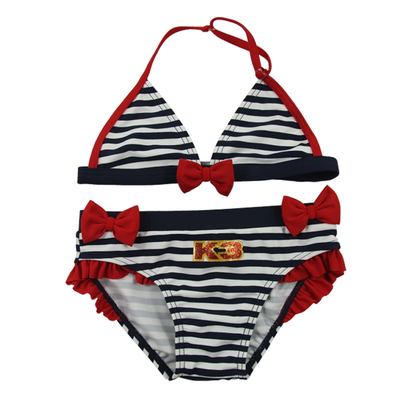 Navy Stripes & Red Bows Mädchen Neckholder-Badebekleidungs-Bikini-Set