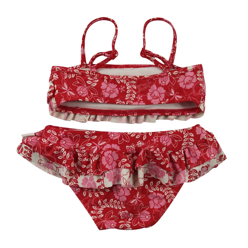 Rote tropische Blumen Multi-Rüschen-Kind-Mädchen-Bikini-Sets