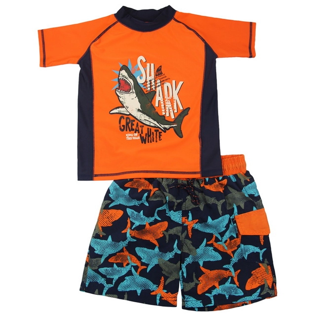Orange und Navy Shark Rash Guard & Badehose