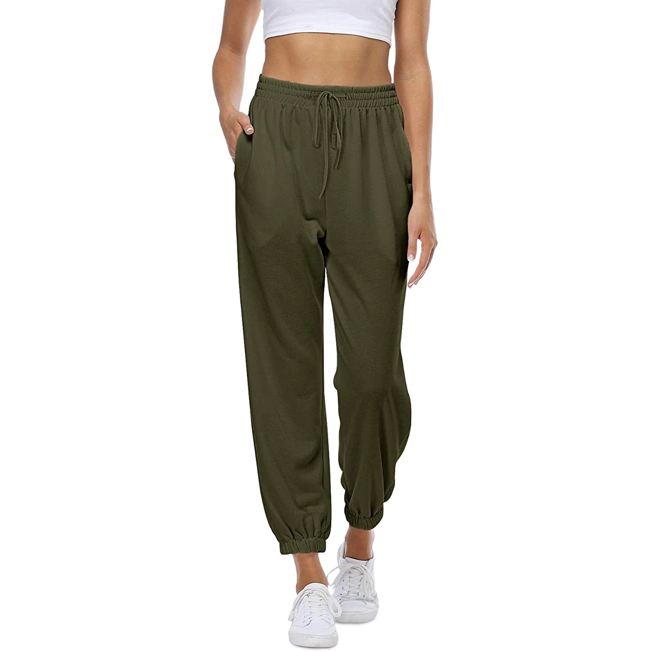 Damen-Jogginghose mit hoher Taille und Kordelzug, sportliche Hose mit Taschen