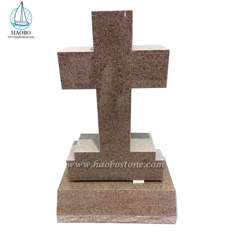 Granit-Morgenrose, großes Kreuz, geschnitzter aufrechter Grabstein