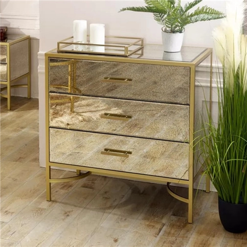SWT Antik Gold Metall Holz Spiegelkommode Spiegelmöbel für Wohnzimmer