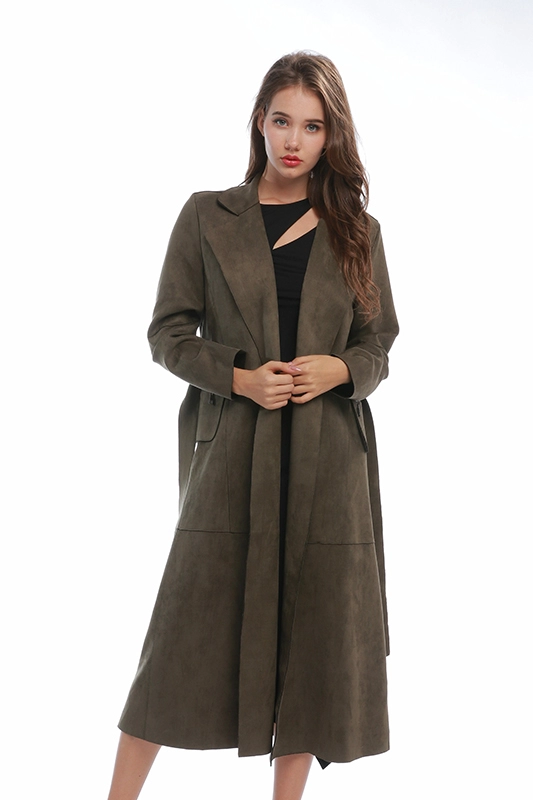 Brauner langer Mantel mit fallendem Revers und Gürtel, Winteroberbekleidung für Damen