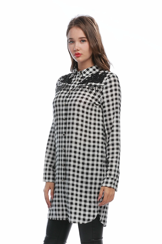 Hersteller Plaid Friesenapplikationen Langarm Herbstkleidung Button Down Long Shirt für Frauen