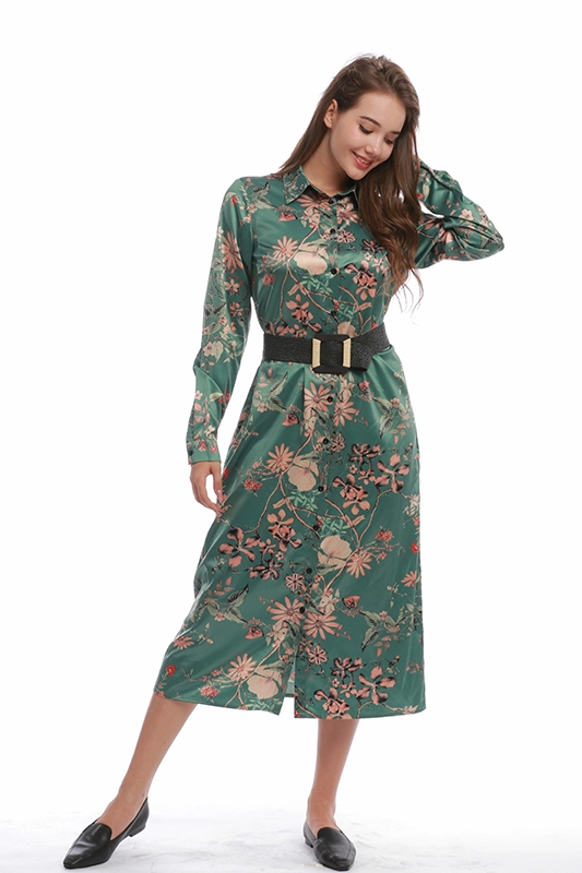 Lässiges, elegantes, Vintage-Blumen-Satin-Mitte der Wade für Damen, langärmliges Tunika-Hemdkleid mit Gürtel