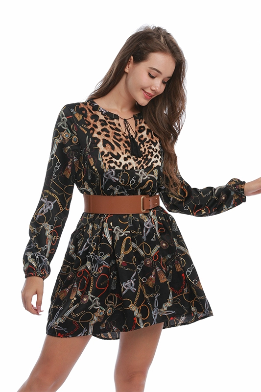 Hochwertiges benutzerdefiniertes Satin-loses schwarzes reizvolles Leoparden-Druck-Mode-Tunika-Kleid-Frauen-Kleidungs-Damen-Kleid
