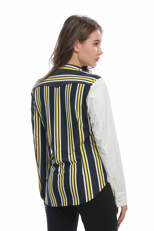 Damen Gestreifte Langarm-Farbblock-Button-Down-V-Ausschnitt Kragen Spliced Knit Damenhemden Bluse Top