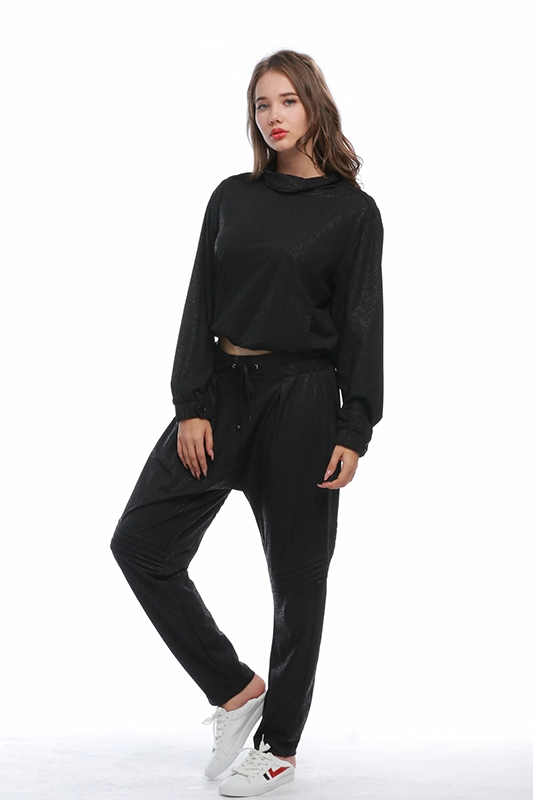 Lässige, stilvolle, schwarze Blumenbeschichtung, Damen-Sweatshirt und Jogginghose, Jogger-Set