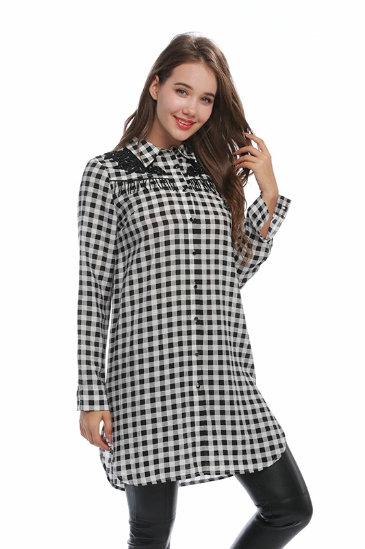 Hersteller Plaid Friesenapplikationen Langarm Herbstkleidung Button Down Long Shirt für Frauen