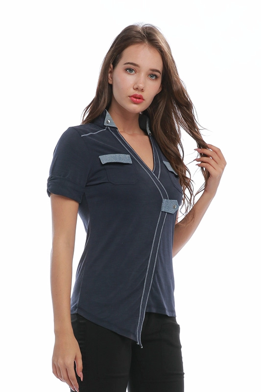 China Hersteller Casual Slim 100% Baumwolle Navy Kurzarm V-Ausschnitt Custom Asymmetric Women's POLO T-Shirts