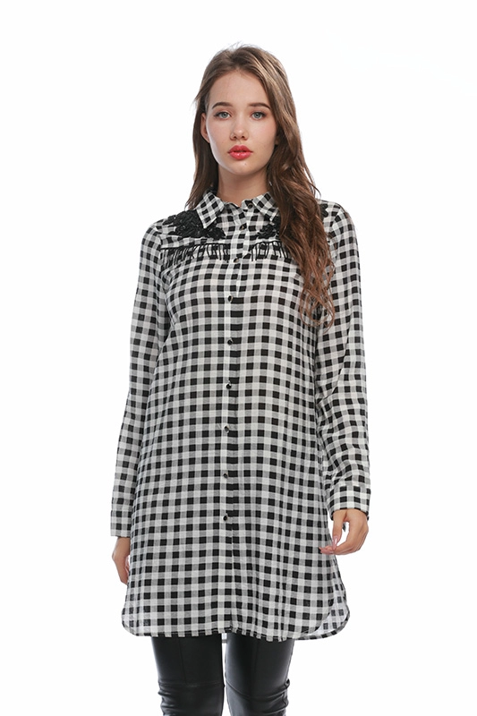 Hersteller Plaid Friesenapplikationen Langarm Herbstkleidung Button Down Long Shirt für Frauen