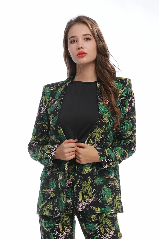 Hochwertige, langärmlige, dünne, grün bedruckte, floral gestrickte Damenanzüge für Damen-Blazer