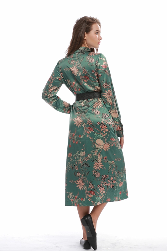 Lässiges, elegantes, Vintage-Blumen-Satin-Mitte der Wade für Damen, langärmliges Tunika-Hemdkleid mit Gürtel