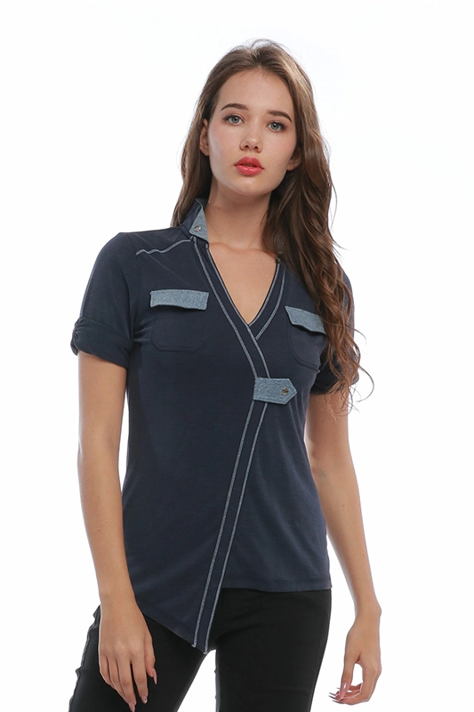 China Hersteller Casual Slim 100% Baumwolle Navy Kurzarm V-Ausschnitt Custom Asymmetric Women's POLO T-Shirts