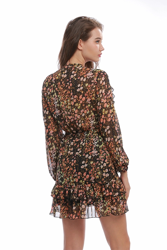 Damenbekleidung Hersteller Mode Chiffon Langarm Rüschen Mini Blumen Freizeitkleider