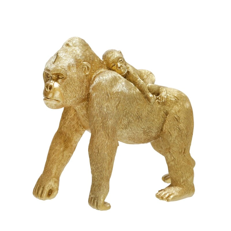 Goldene Gorilla-Mutter und Baby auf dem Rücken aus Kunstharz