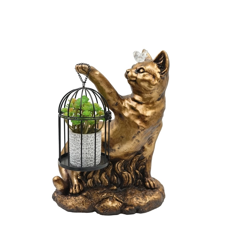 MGO Spielende Katzenfigur mit Solarlicht und Käfig